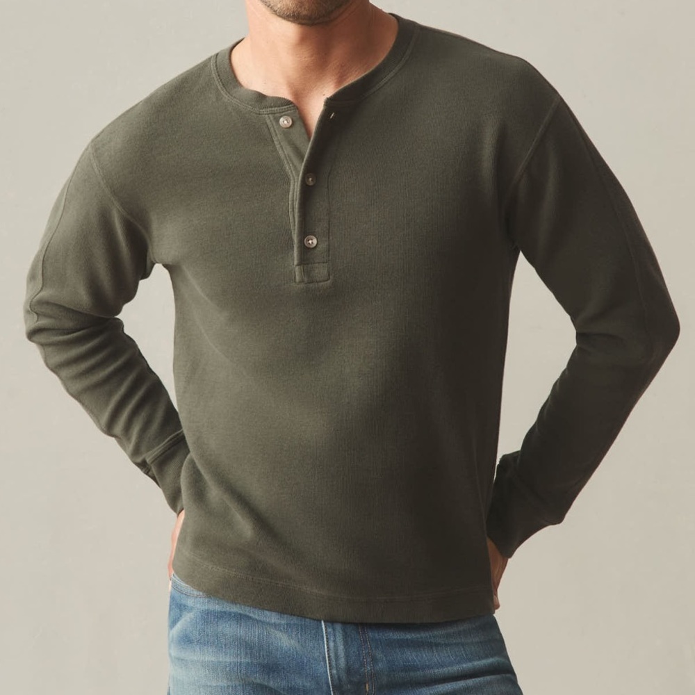 NEW American Giant Men's French Rib Henley Loren Olive Green Long Sleeve Shirt L